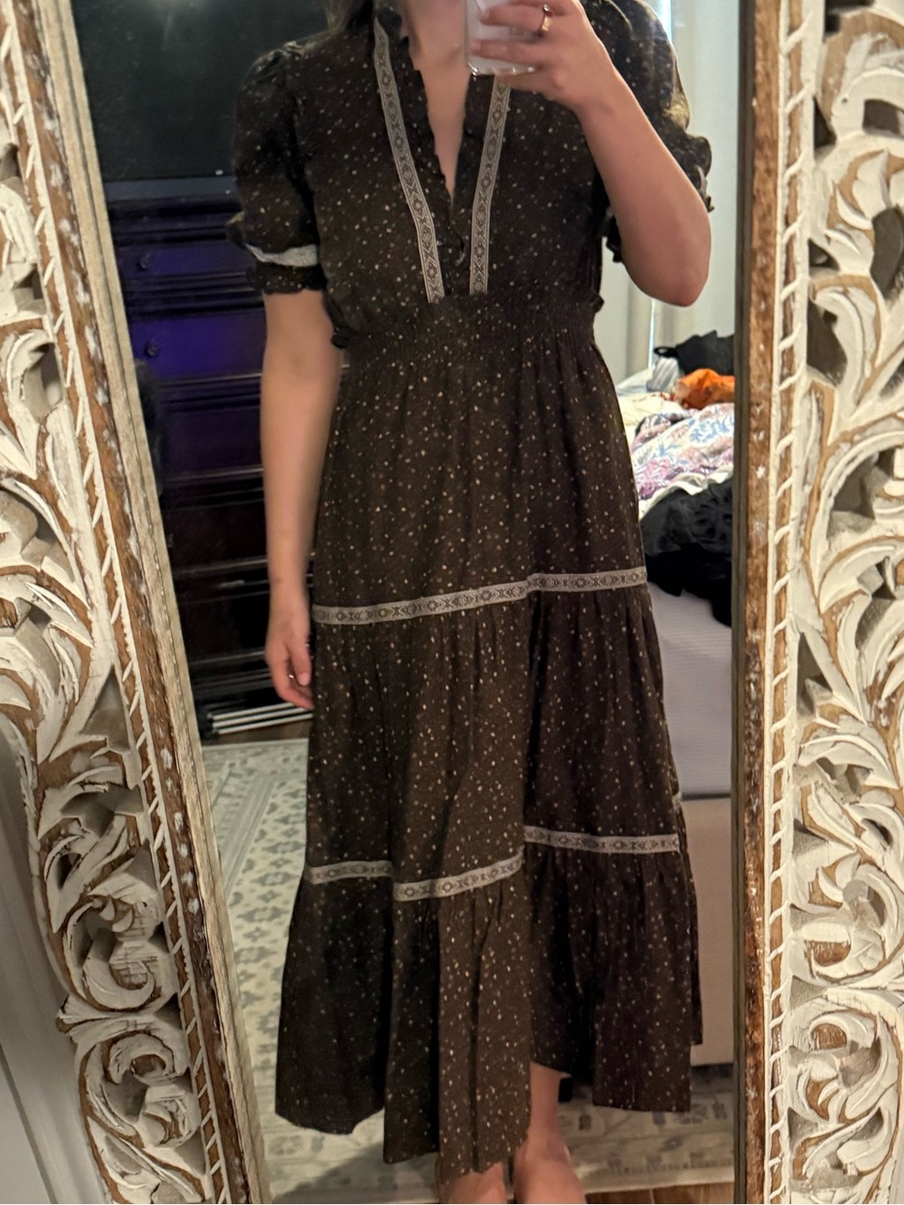 NWOT opt (Few Moda) Women's Brown Tiered Midi Dress with Lace Trim